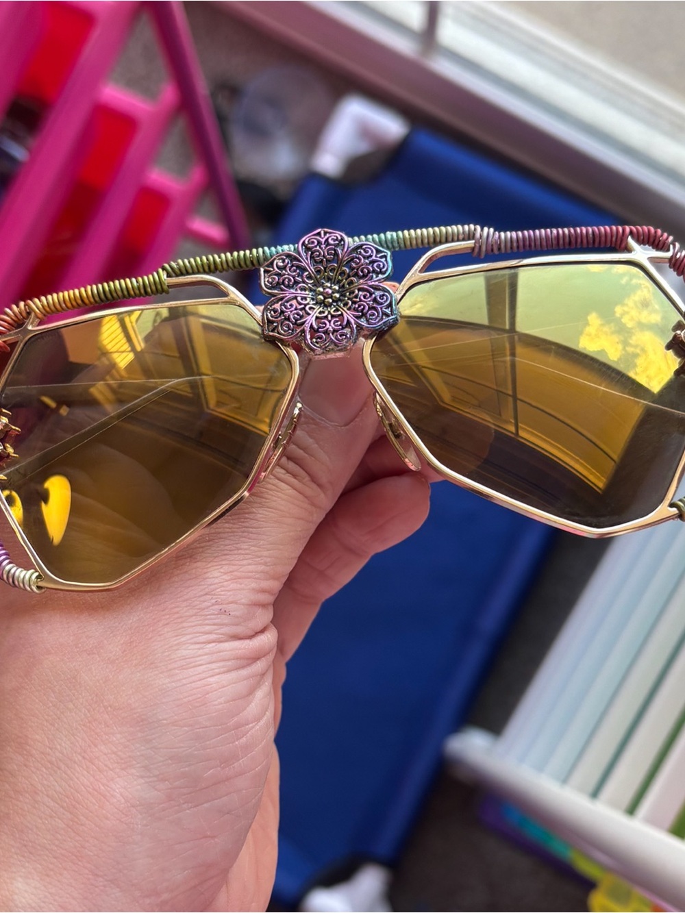 Mirrored Gold Geometric Sunglasses with Rainbow Wire Wrap and Floral Accent